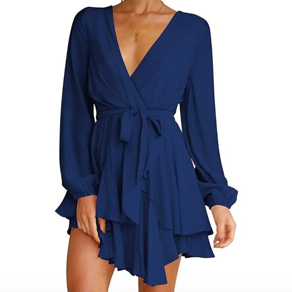Cosonsen Women's Dress Deep V-Neck Long Sleeve Waist Tie Ruffle Mini Swi… - Picture 1 of 7